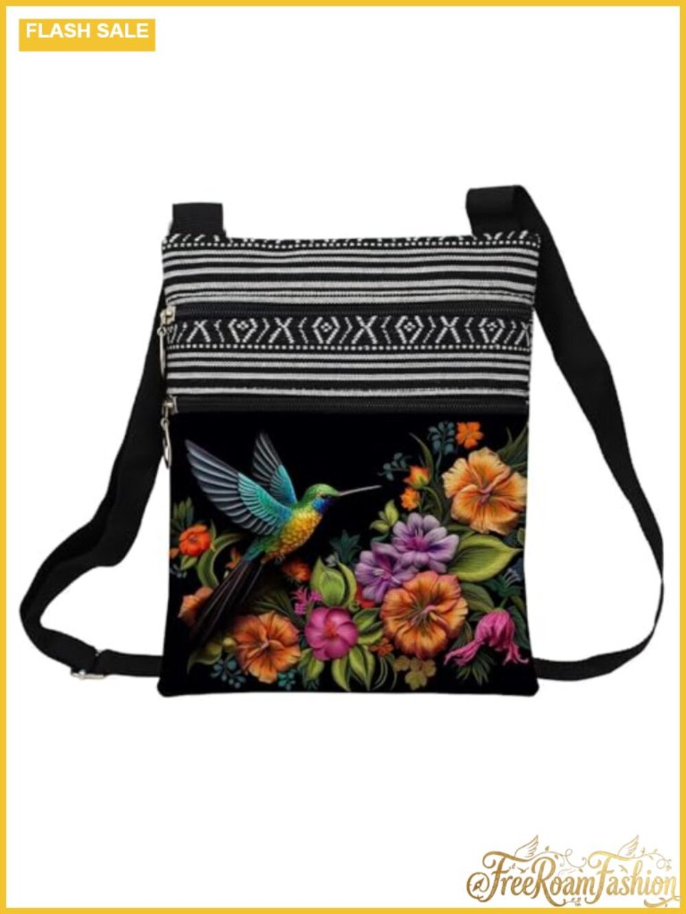 Floral Hummingbird Printed Ethnic Crossbody Bag Adjustable Strap Small Purse